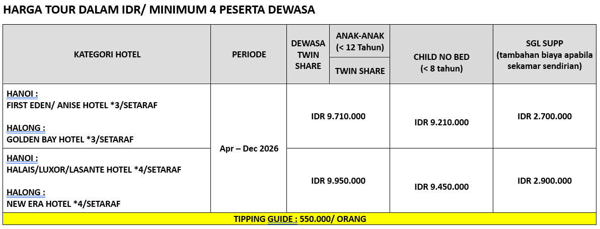 HARGA 4 CAN GO HANOI HALONG